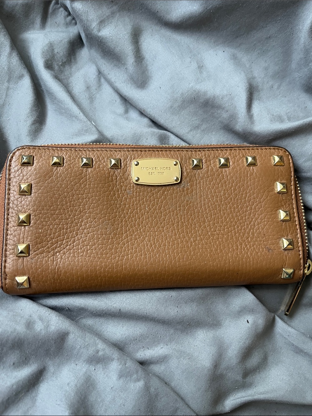 Michael Kors Tan Leather Studded Zip Wallet with Gold Hardware